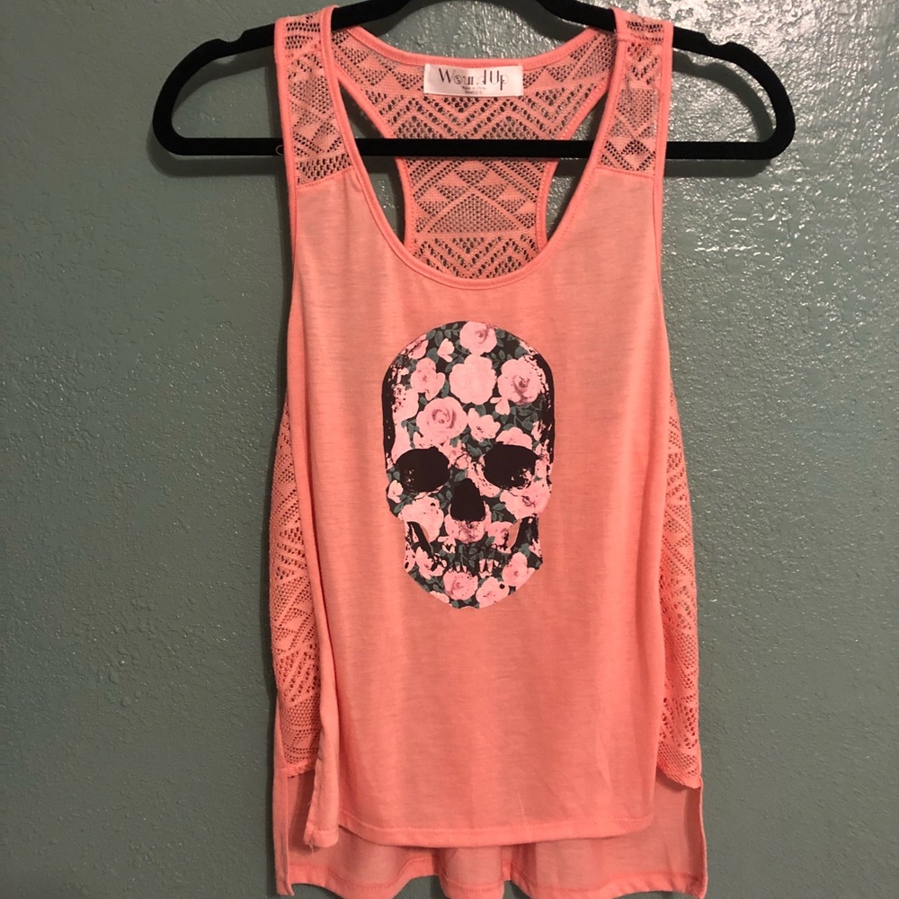 Flowy peach skull and floral tank